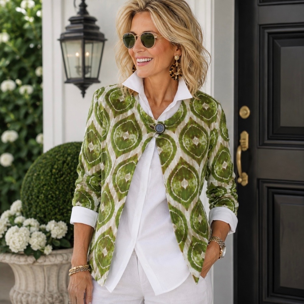 Chico's Modern Ikat Linen Blazer Jacket M‎ 1 Green One Button 3/4 Sleeve Preppy